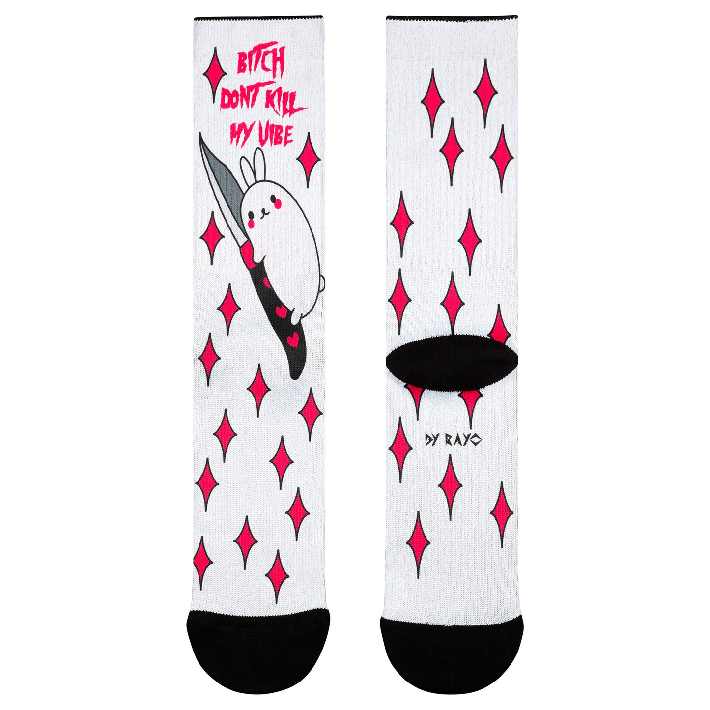 Parte delantera y trasera de los calcetines con diseño de tatuaje del tatuador Rayo Tattoo proporcionados para La Cosa Tiene Tela y la frase "Bitch Don't Kill My Vibe", perfectos para un estilo atrevido.