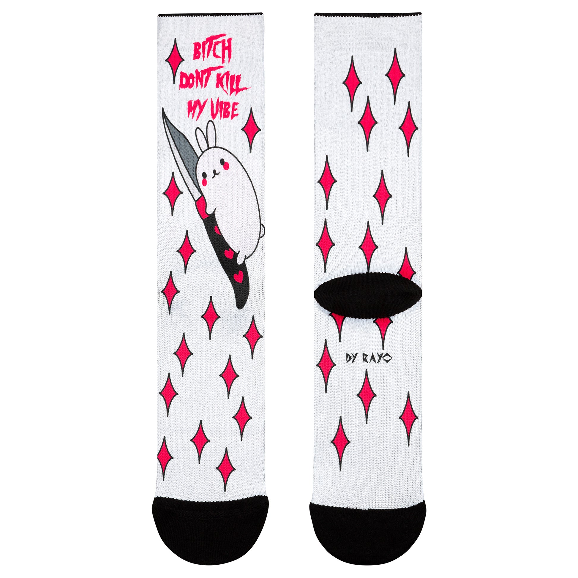 Parte delantera y trasera de los calcetines con diseño de tatuaje del tatuador Rayo Tattoo proporcionados para La Cosa Tiene Tela y la frase "Bitch Don't Kill My Vibe", perfectos para un estilo atrevido.