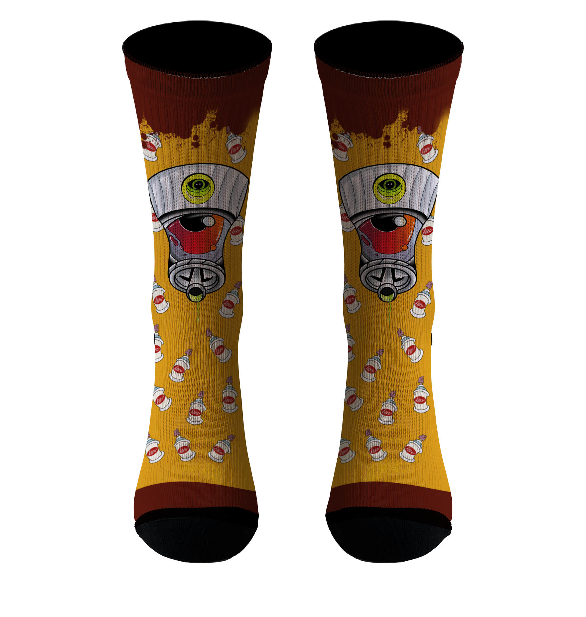 Parte delantera calcetines amarillos con diseño de botes de graffiti, ideales para un look urbano y desenfadado, diseño del tatuador Gusano.