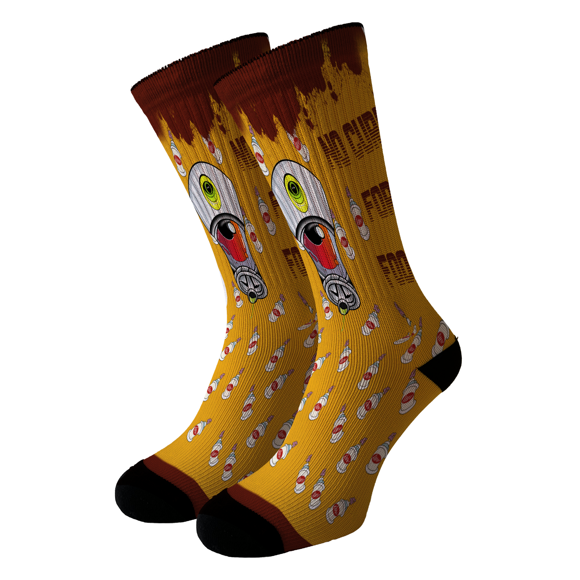 Parte Lateral calcetines amarillos con diseño de botes de graffiti, ideales para un look urbano y desenfadado, diseño del tatuador Gusano.