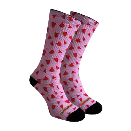 Calcetines rosas con estampado de rodajas de sandía, ideales para un look fresco y veraniego.