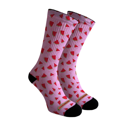 Calcetines rosas con estampado de rodajas de sandía, ideales para un look fresco y veraniego.