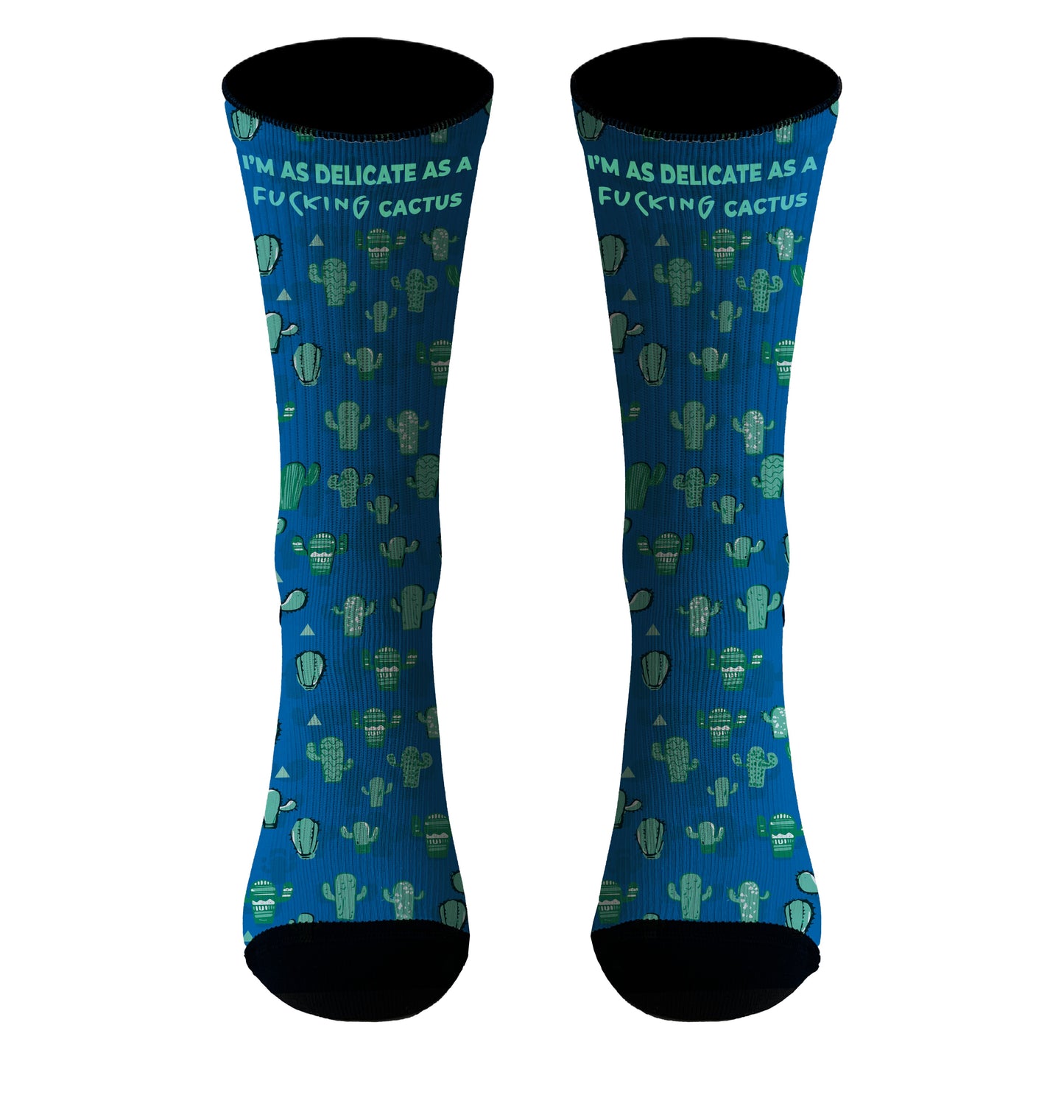 Parte delantera de los calcetines azules con diseño de cactus verdes, ideales para un estilo desenfadado y natural.