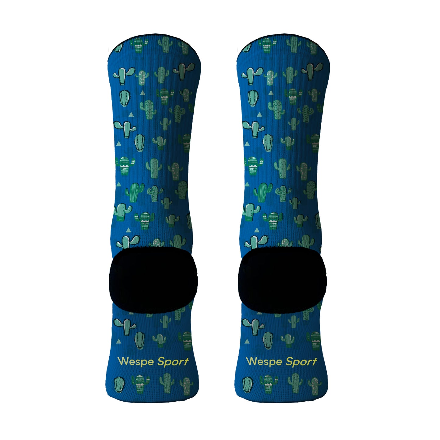 Parte trasera de los calcetines azules con diseño de cactus verdes, ideales para un estilo desenfadado y natural.