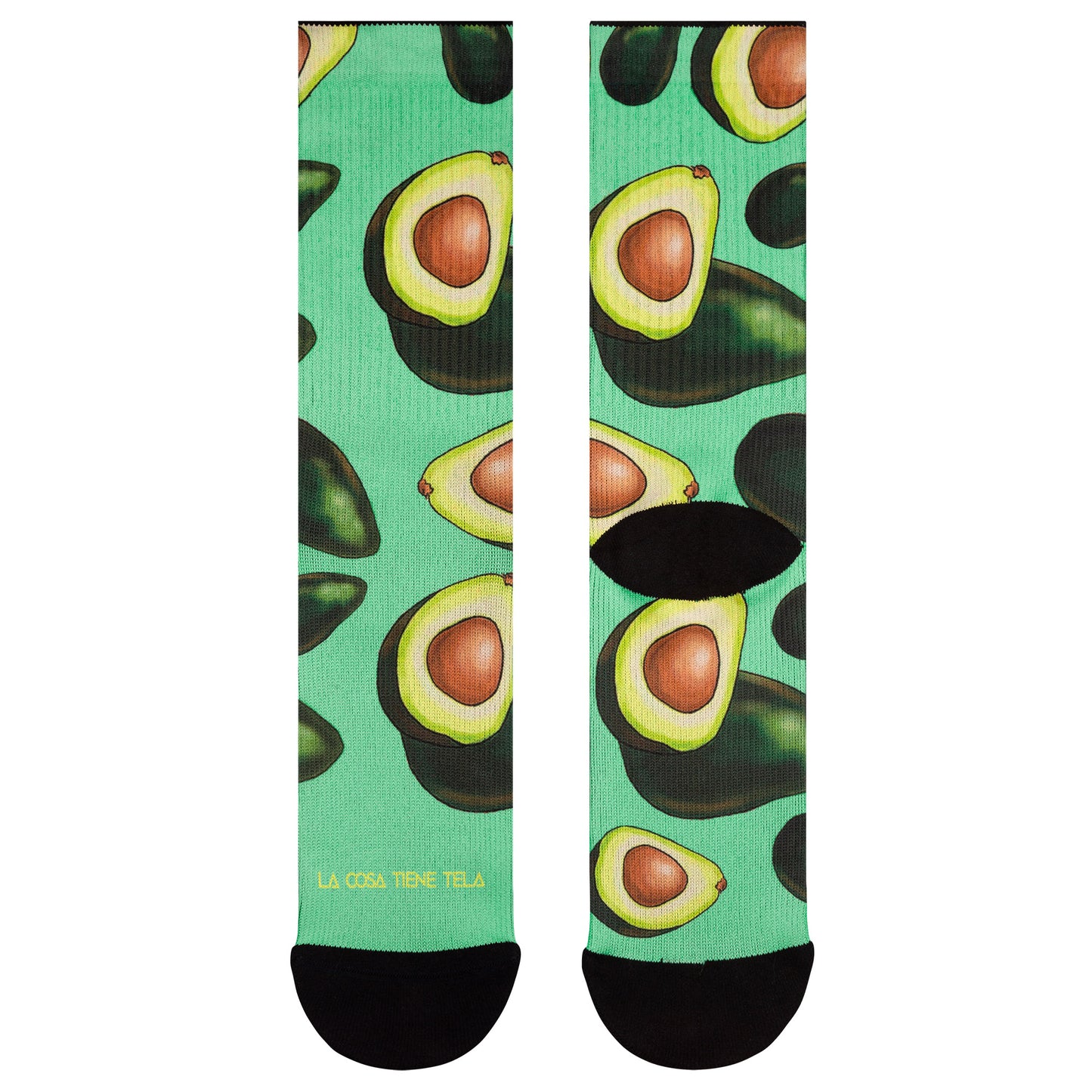 Parte delantera y trasera de los calcetines verdes con estampado de aguacates, ideales para amantes de esta fruta y de la moda divertida.