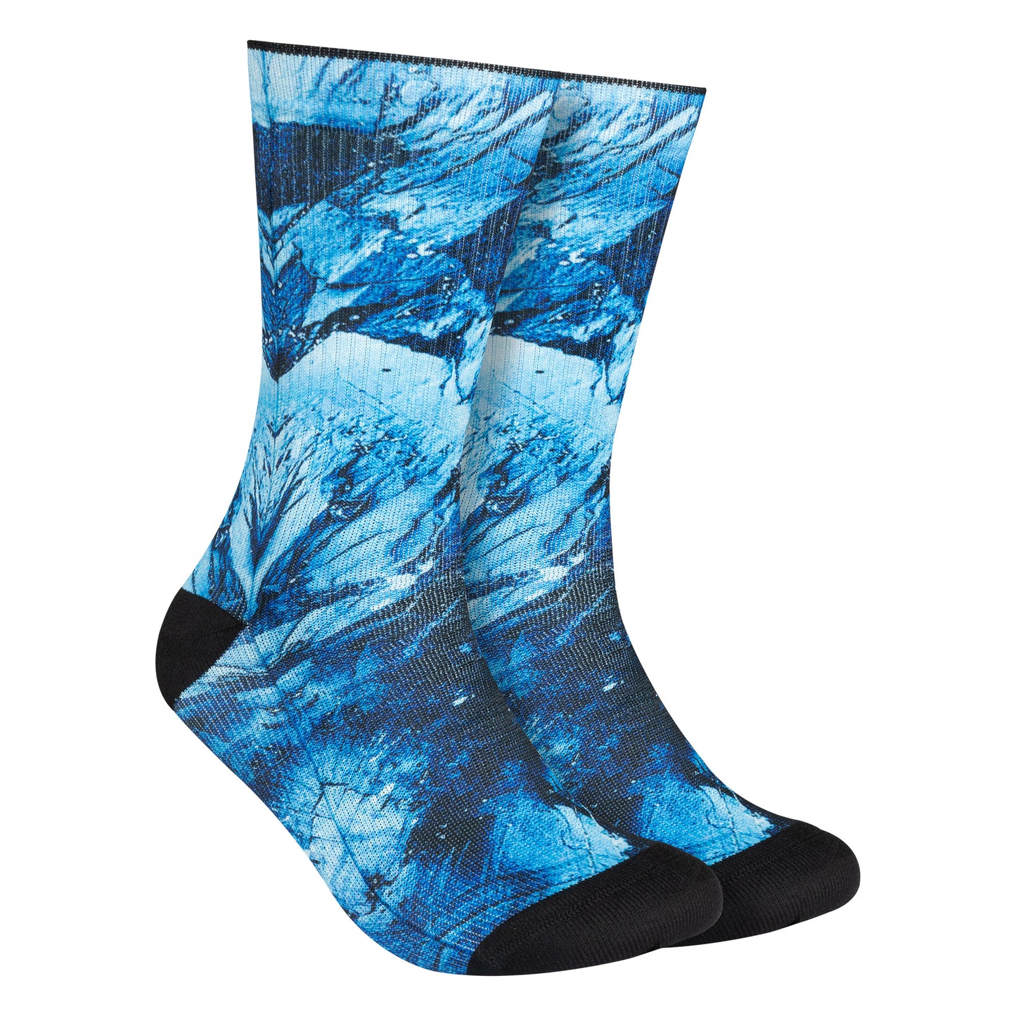 Calcetines azules con diseño de icebergs, ideales para un estilo fresco y original.
