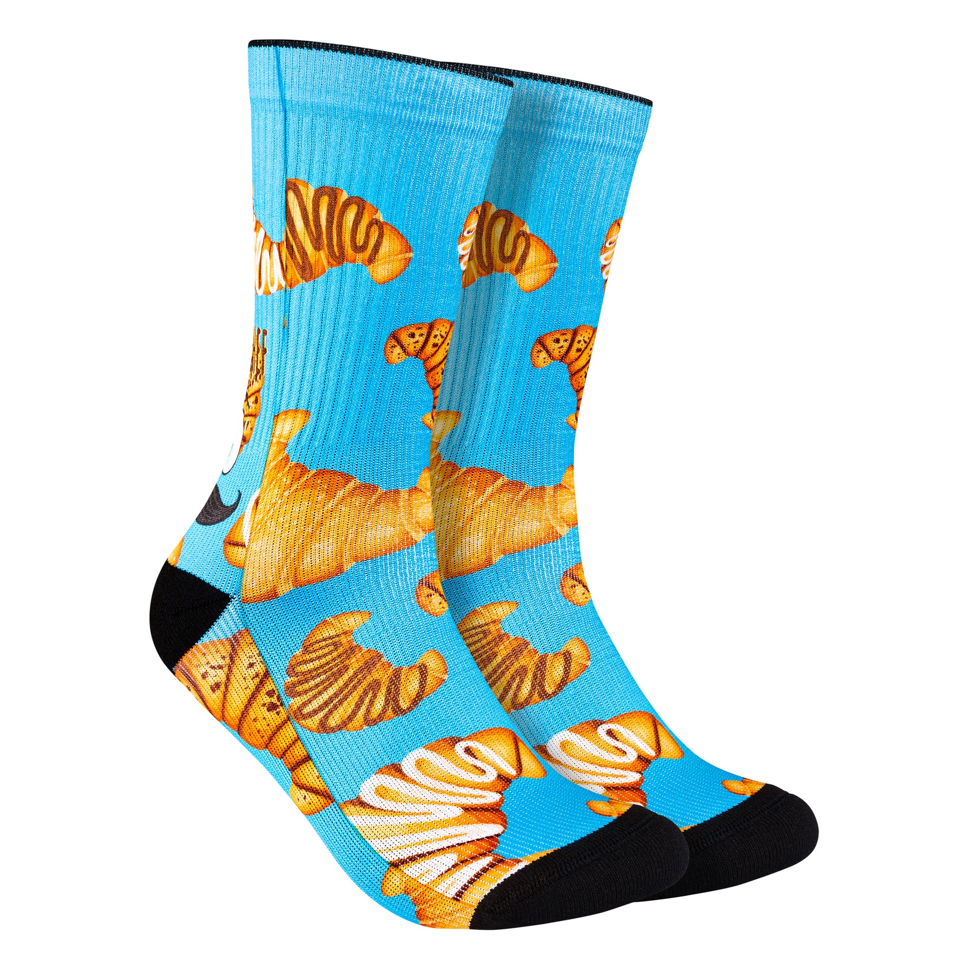 Calcetines con diseño de croissants y chef, ideales para los amantes de la repostería y la moda original.