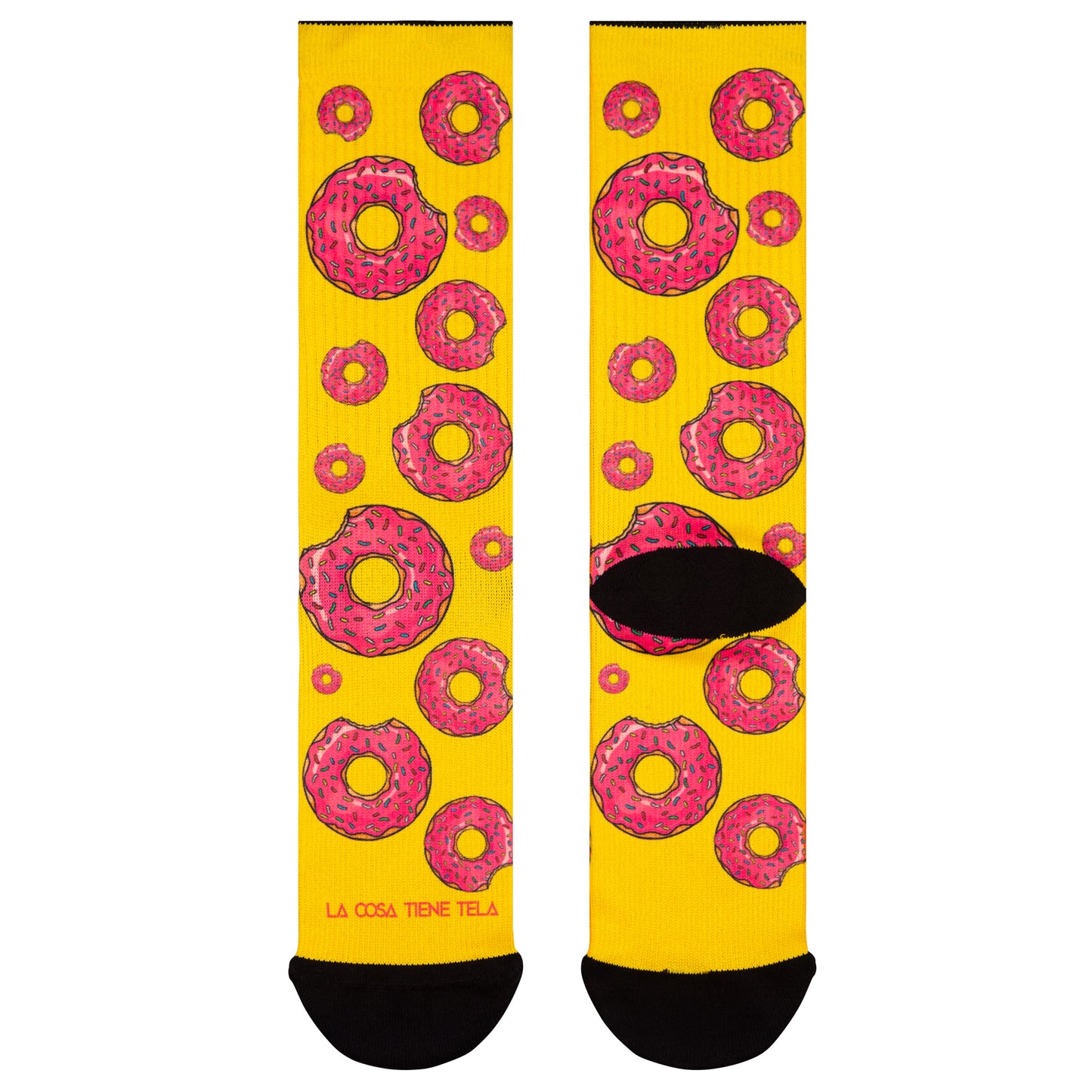 Parte delantera y trasera de los calcetines amarillos con estampado de donuts coloridos, ideales para los amantes de los dulces y la moda divertida.
