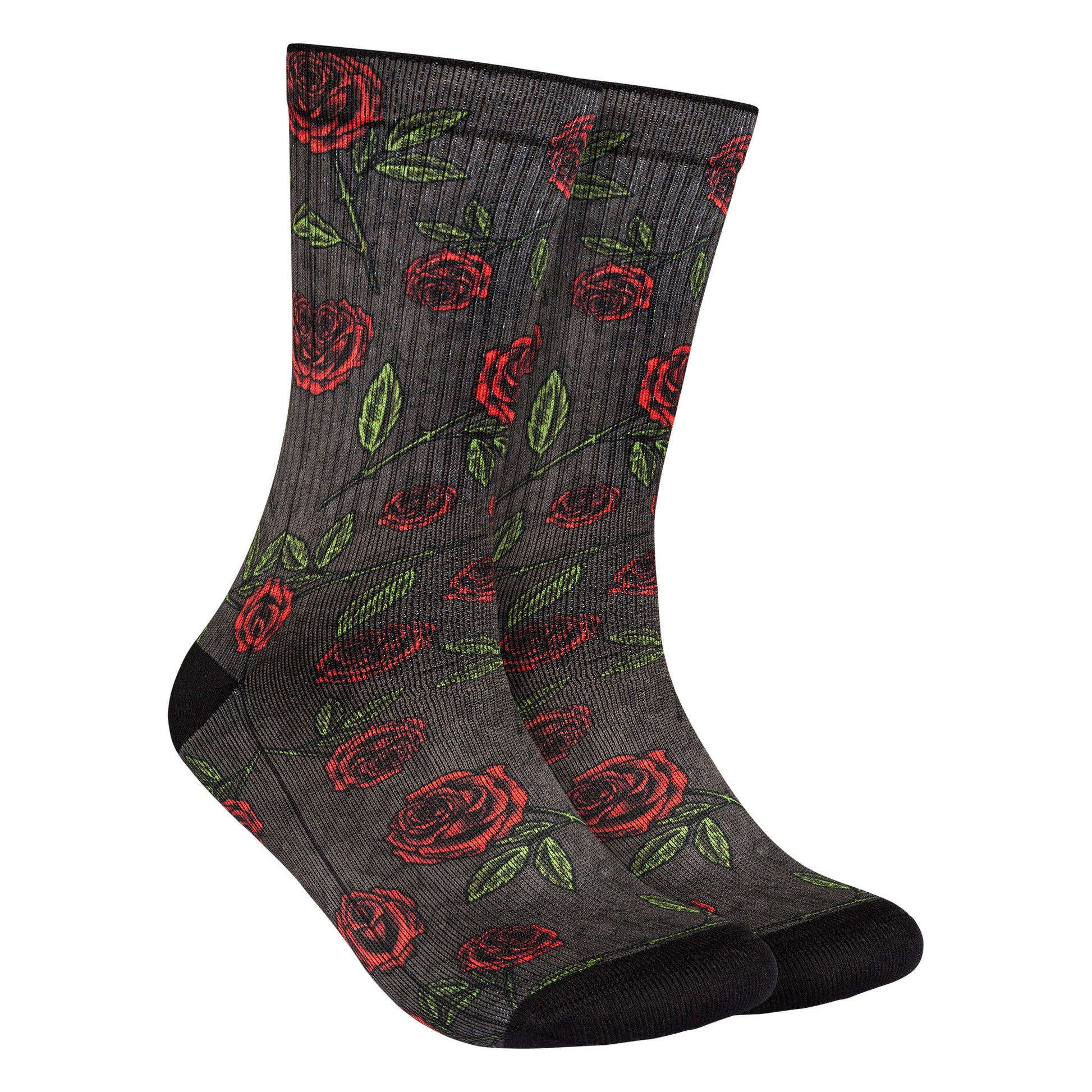 Calcetines negros con estampado de rosas rojas, aportando un toque romántico y elegante a tu atuendo.