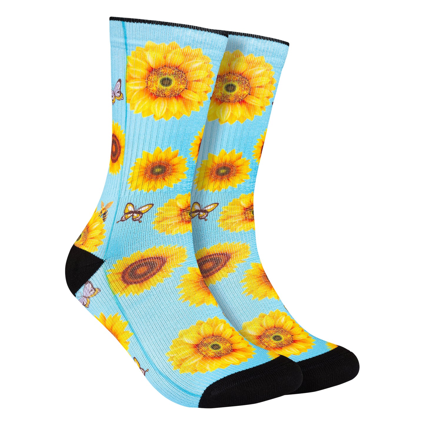 Calcetines azules con estampado de girasoles amarillos, aportando un toque alegre y natural a tu estilo.