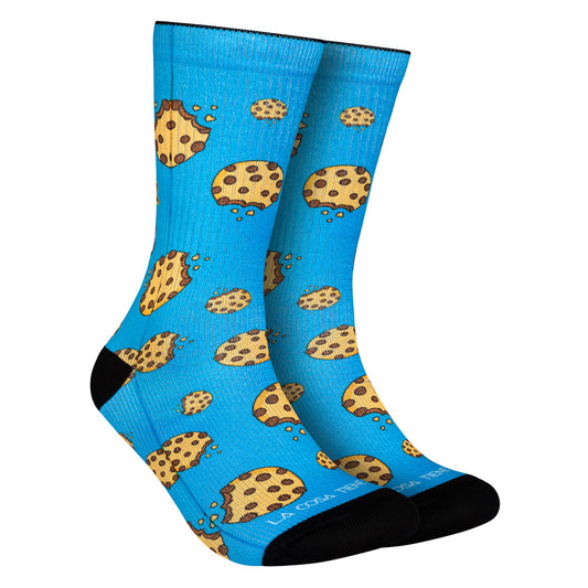 Calcetines azules con diseño del monstruo de las galletas, ideales para añadir un toque divertido a tu atuendo.