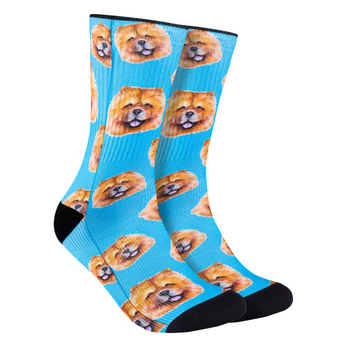 Calcetines azules con diseño de estampados de perro chow chow, perfectos para los amantes de esta adorable raza y los perros y los animales.