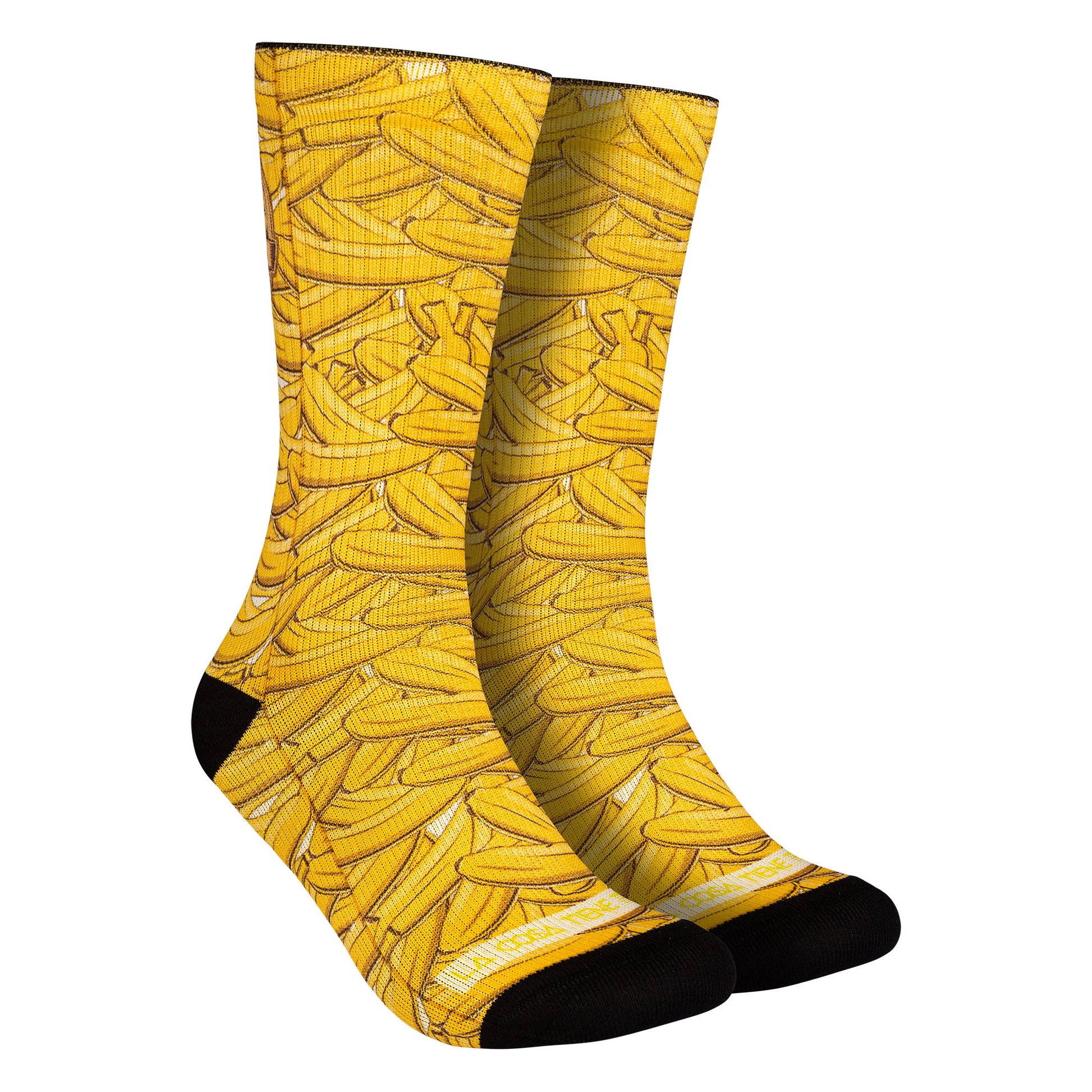 Calcetines con estampados de plátanos de Canarias (amarillos), aportando un toque tropical y divertido a tu estilo.