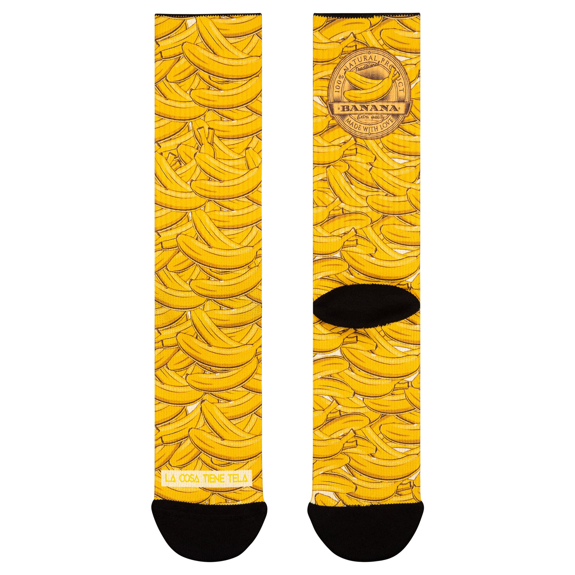 Parte delantera y trasera de los calcetines con estampados de plátanos de Canarias (amarillos), aportando un toque tropical y divertido a tu estilo.