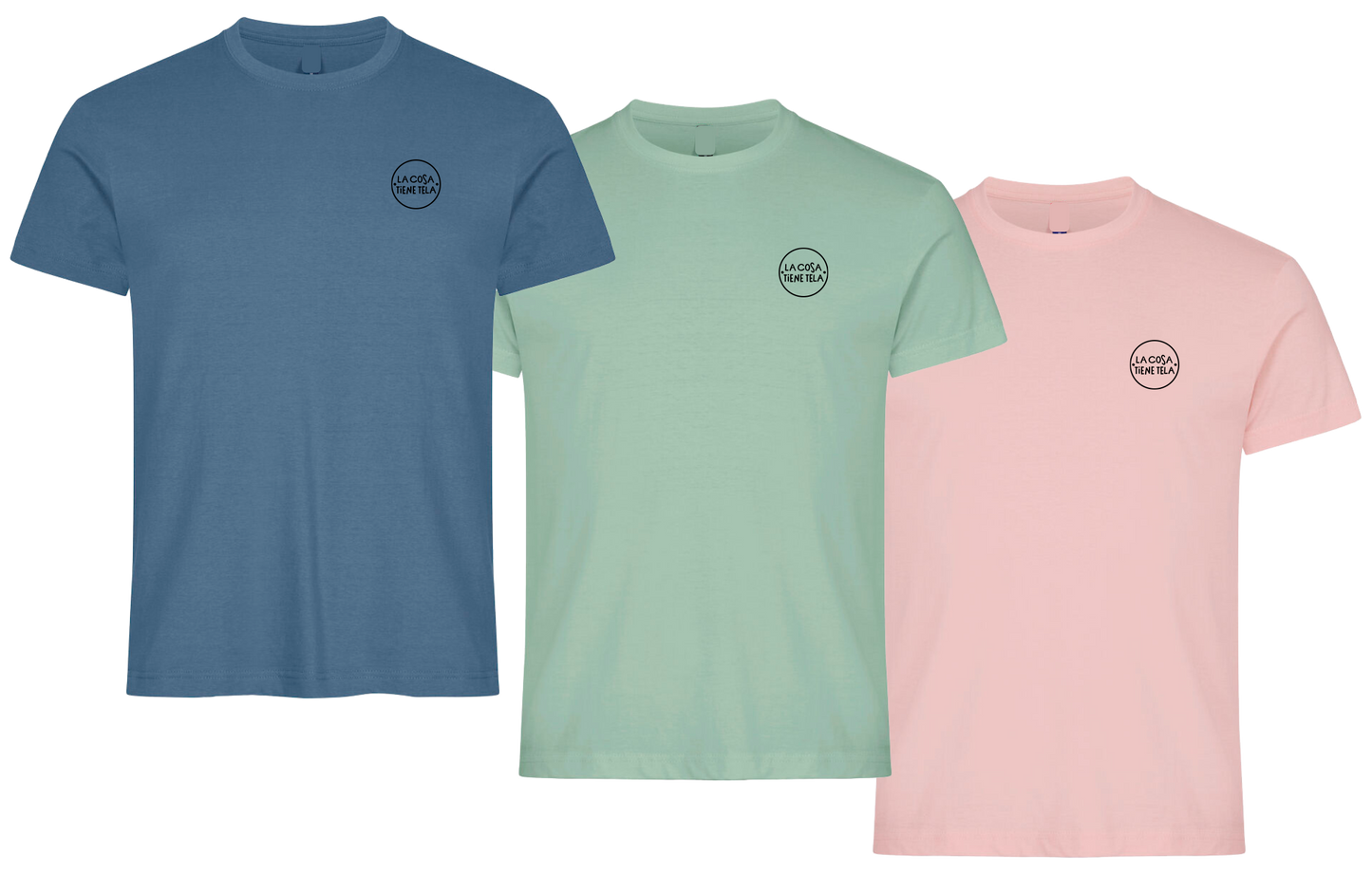 Pack de camisetas cortas de colores rosa pastel, verde y azul de la marca de La Cosa Tiene Tela, esenciales para cualquier guardarropa.