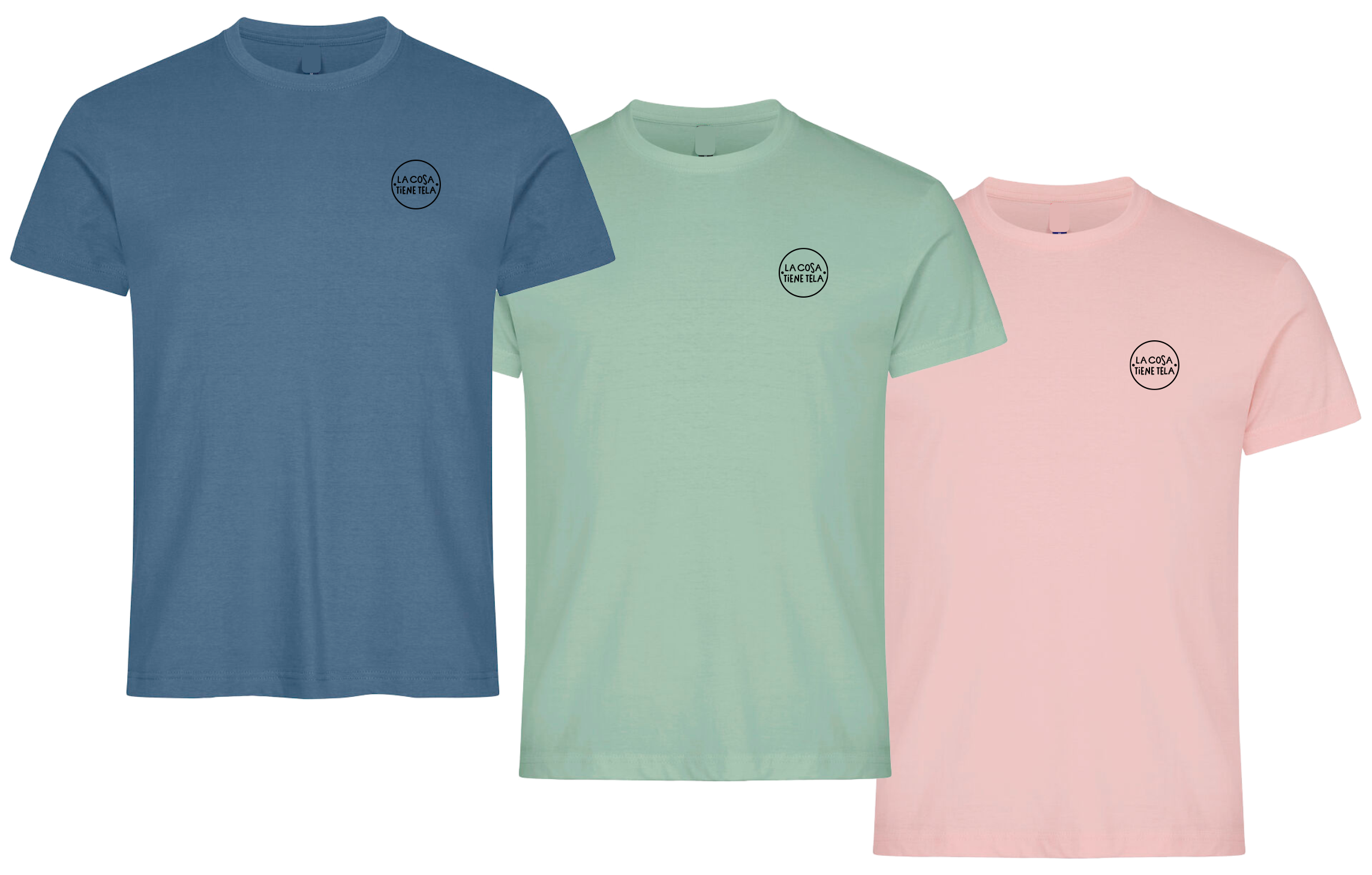 Pack de camisetas cortas de colores rosa pastel, verde y azul de la marca de La Cosa Tiene Tela, esenciales para cualquier guardarropa.