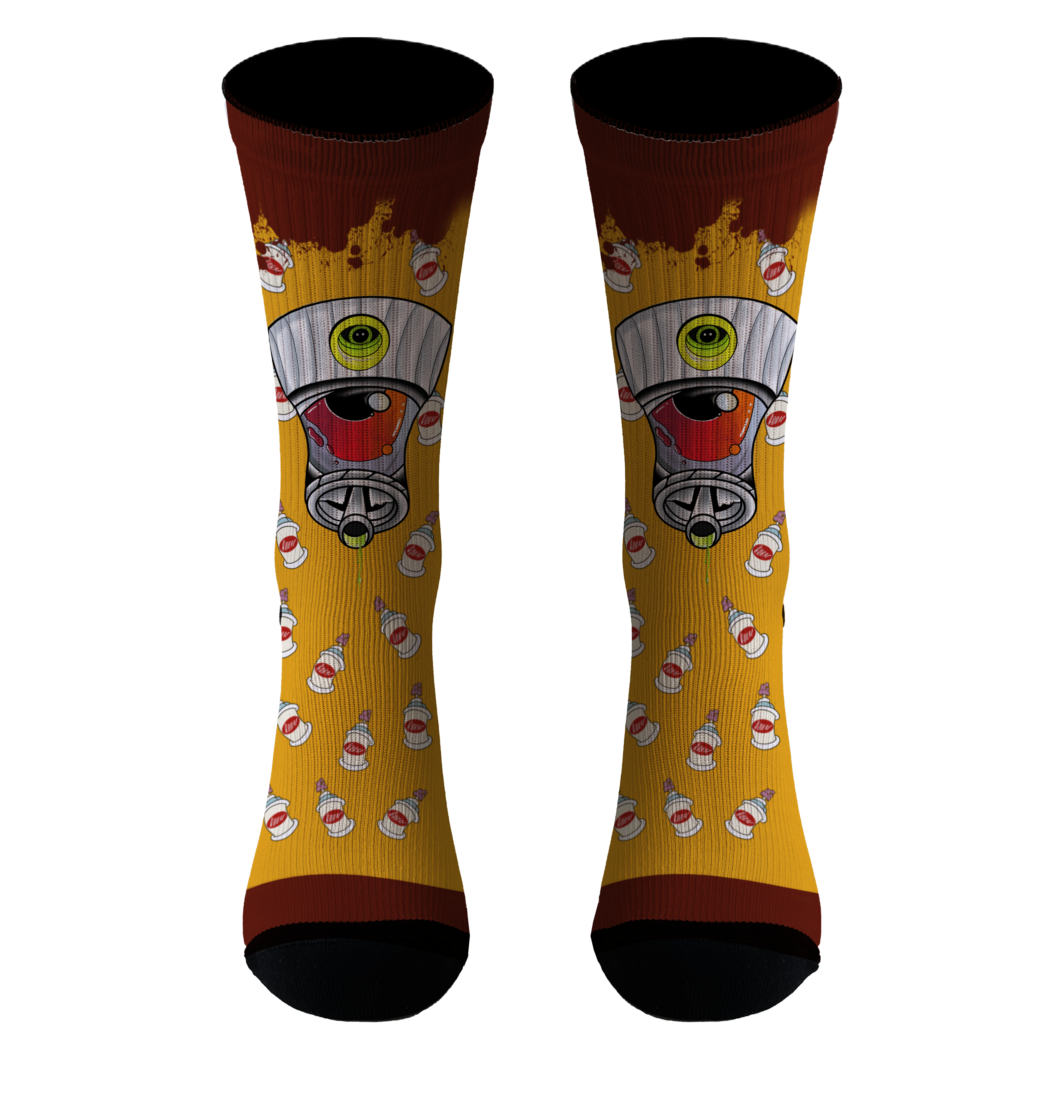 Parte delantera calcetines amarillos con diseño de botes de graffiti, ideales para un look urbano y desenfadado, diseño del tatuador Gusano.
