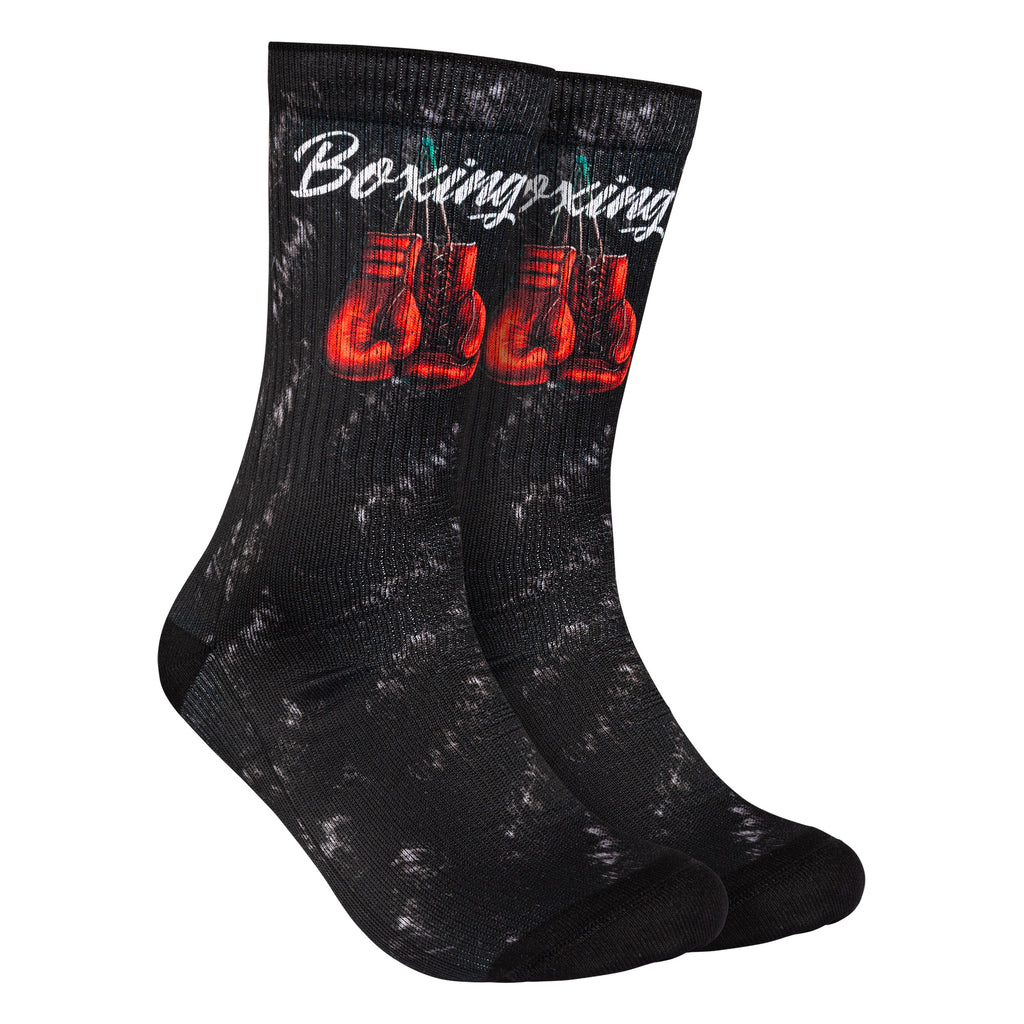 Calcetines con ilustraciones de guantes de boxeo rojos, perfectos para entusiastas del boxeo.