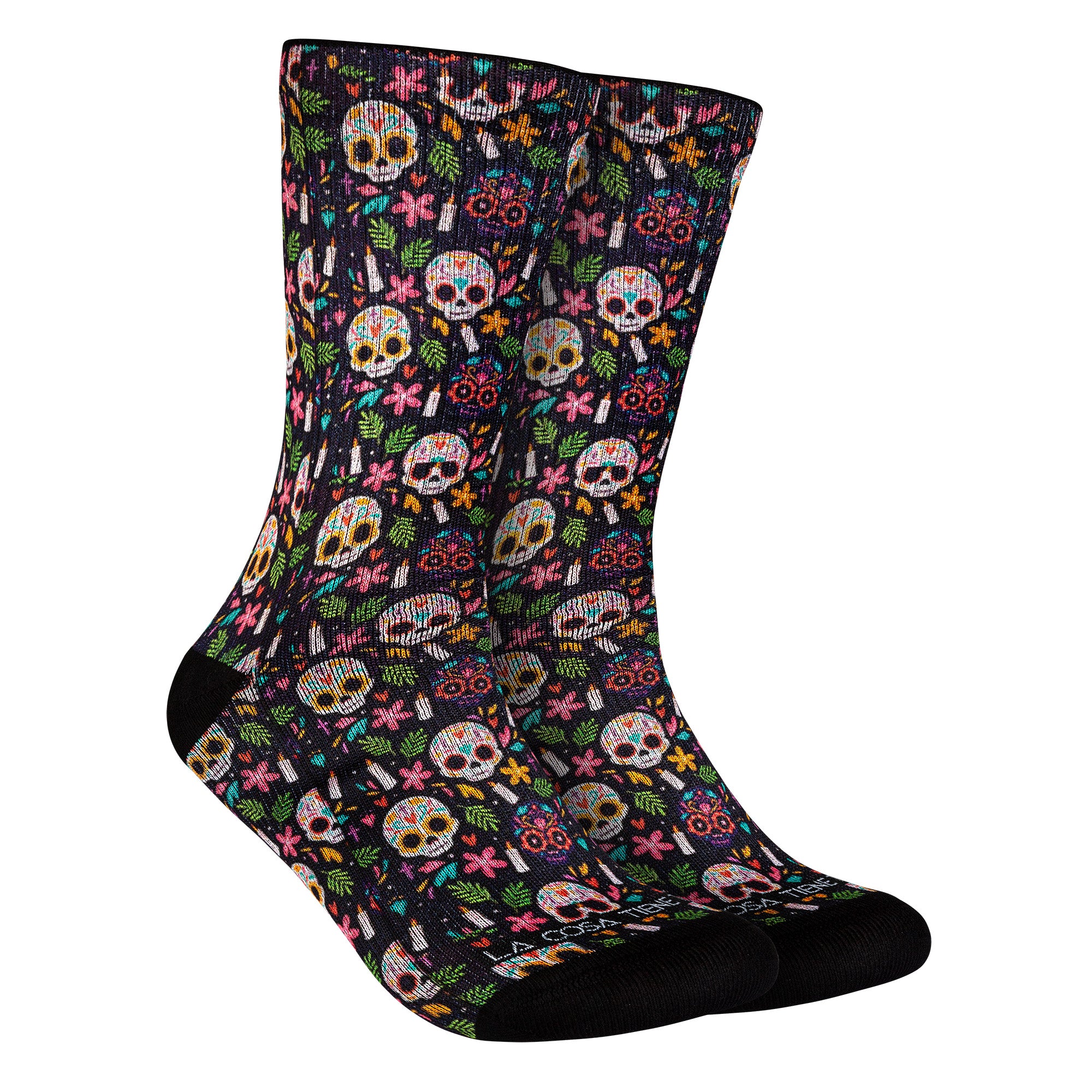 Calcetines coloridos inspirados en las tradicionales calaveras mexicanas, perfectos para añadir un toque festivo a tu atuendo.
