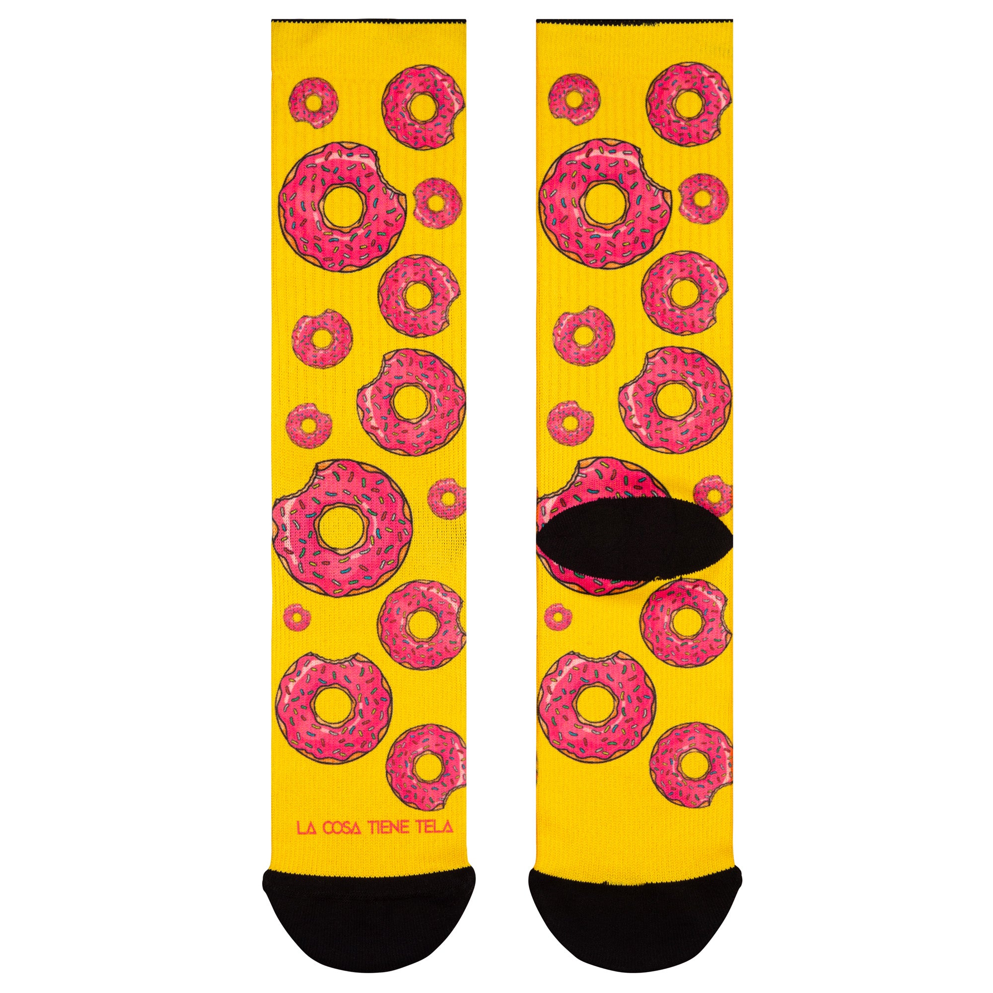 Parte delantera y trasera de los calcetines amarillos con estampado de donuts coloridos, ideales para los amantes de los dulces y la moda divertida.