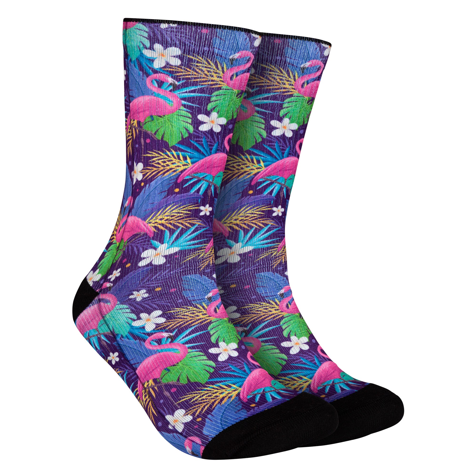 Calcetines morados con estampado de flamencos rosas y plantas, perfectos para un estilo elegante y tropical.