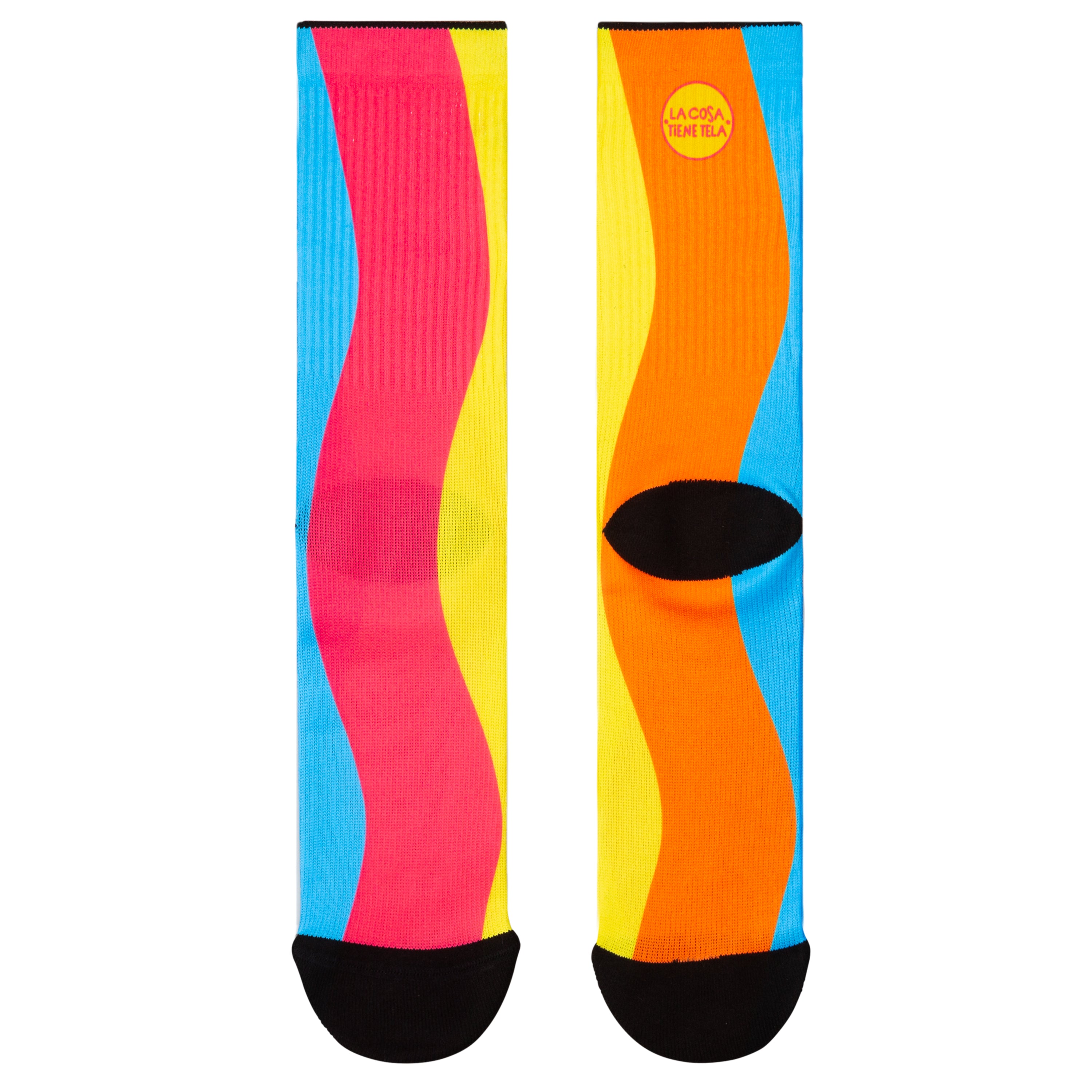 Parte delantera y trasera de los calcetines con patrones de líneas verticales en una variedad de colores vibrantes, ideales para añadir un toque divertido y moderno a tu estilo diario.