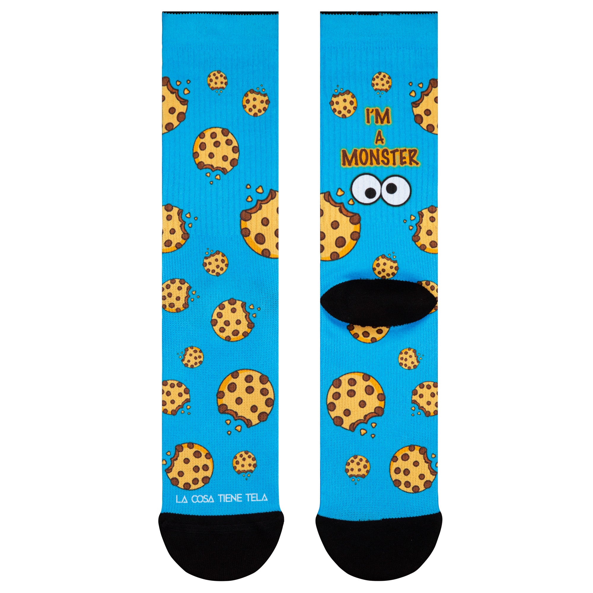 Parte delantera y trasera de los calcetines azules con diseño del monstruo de las galletas, ideales para añadir un toque divertido a tu atuendo.