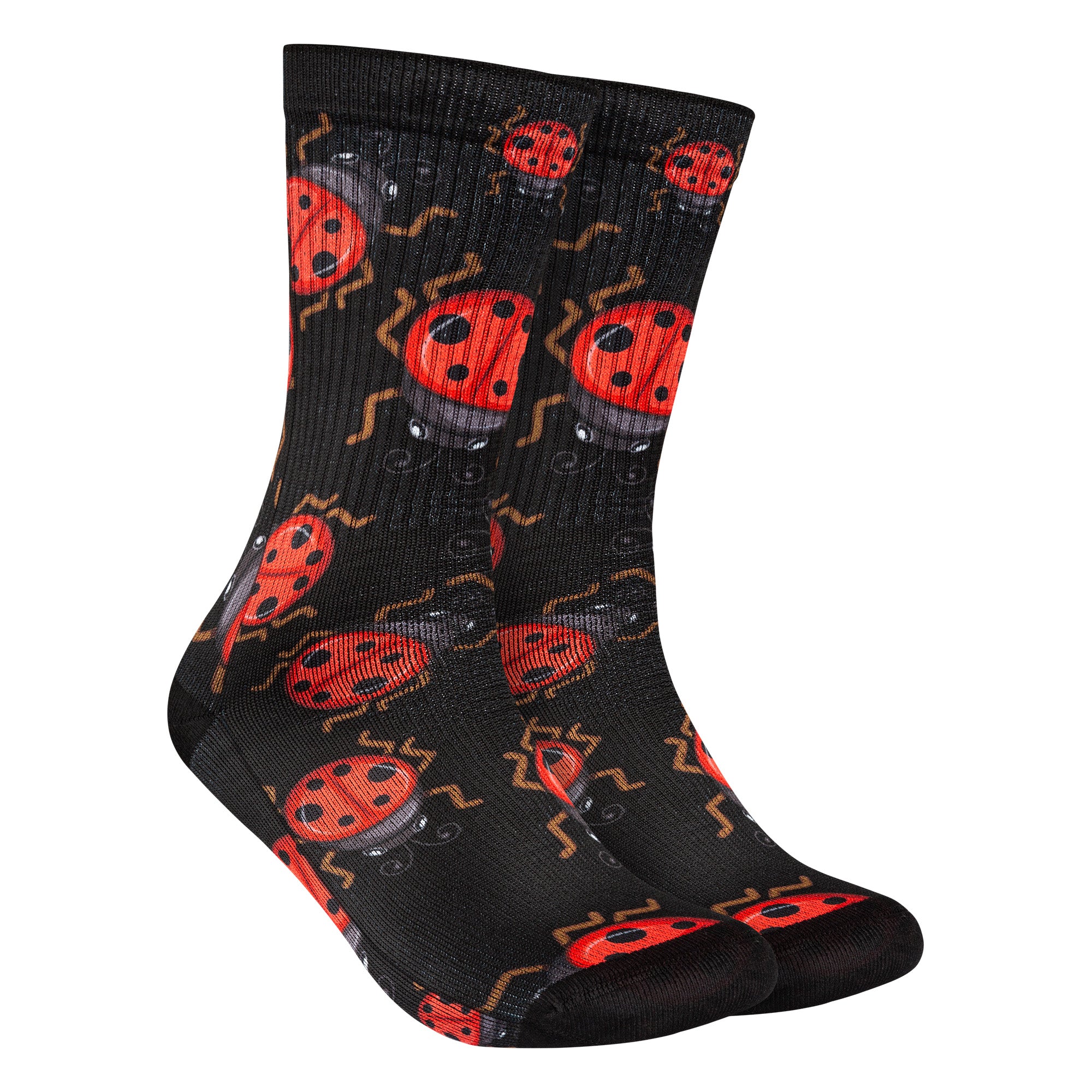Calcetines negros con estampado de mariquitas rojas, aportando un toque delicado y natural a tu estilo.