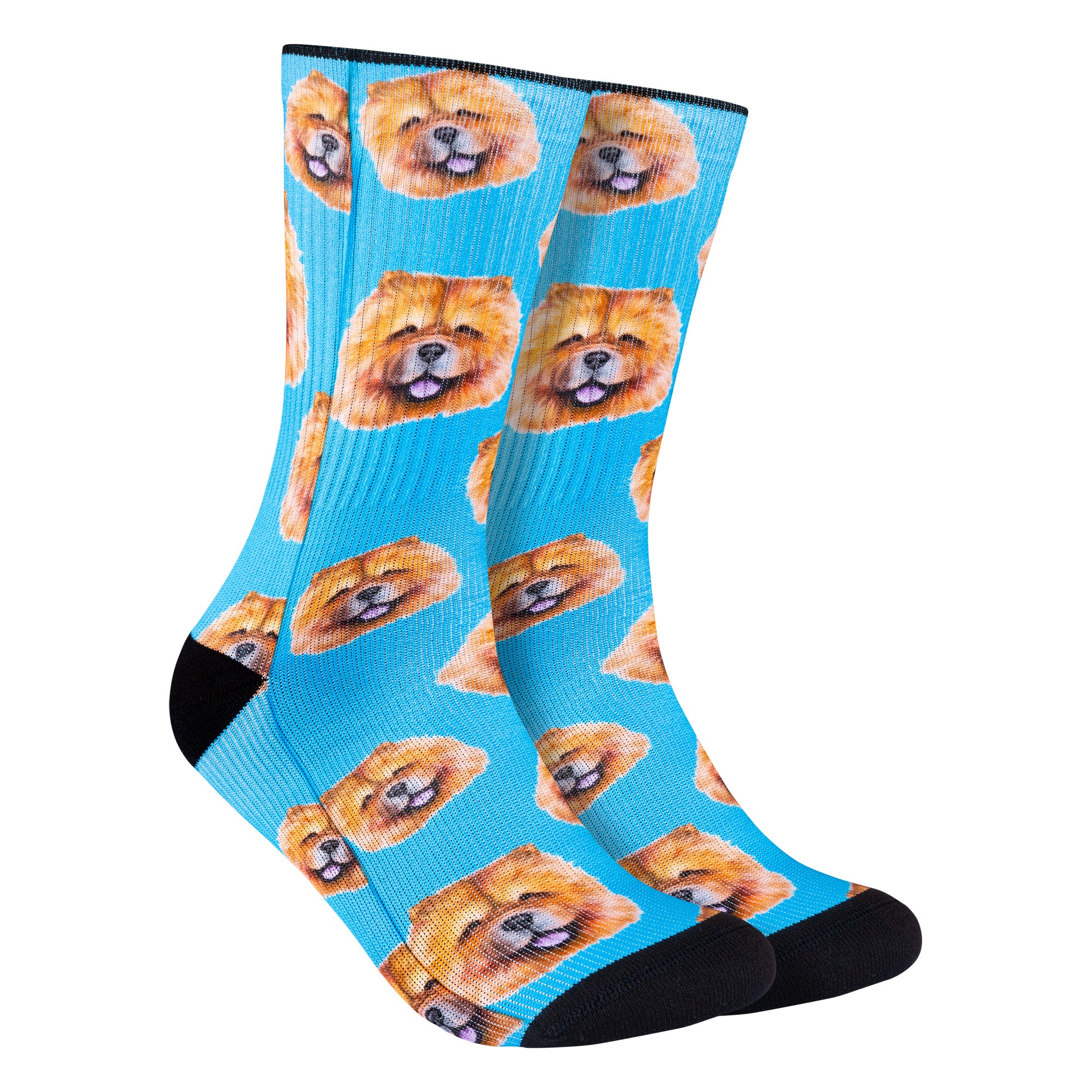 Calcetines azules con diseño de estampados de perro chow chow, perfectos para los amantes de esta adorable raza y los perros y los animales.